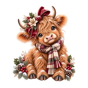 May include: A fluffy Highland calf with light brown fur, wearing a red plaid scarf and a large red velvet bow adorned with a white poinsettia, holly leaves, and red berries. The calf is surrounded by pine cones, evergreen sprigs, and red berries.