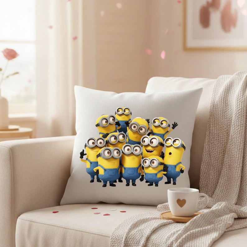 May include: White square pillow featuring a group of Minions characters in their signature yellow and blue outfits. The pillow is placed on a beige sofa, with a cup of coffee and a blanket nearby. The Minions have large eyes and are smiling.