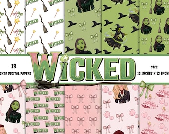 13 Wicked pink and green Digital Papers, Wicked Seamless Patterns, Glinda & Elphaba, Emerald City, Witch, Magic Wand, Broom PNG