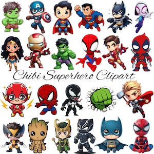 May include: A collection of chibi superhero clipart featuring characters like Batman, Superman, and Spider-Man. The image includes the text "Chibi Superhero Clipart". The characters are in various poses and costumes.