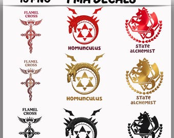 FMA Decals Bundle – Fullmetal Alchemist Symbols Homunculus State Alchemist Flame Cross Anime Vector Stickers Pack PNG