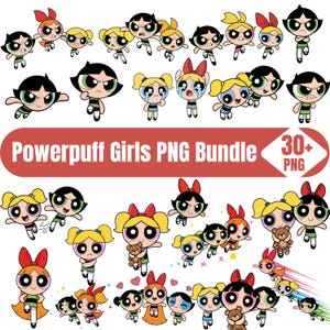 May include: A collection of cartoon images of the Powerpuff Girls in various poses. The girls have large eyes, and are wearing dresses in red, yellow, and green. The text "Powerpuff Girls PNG Bundle" is displayed on a red banner.