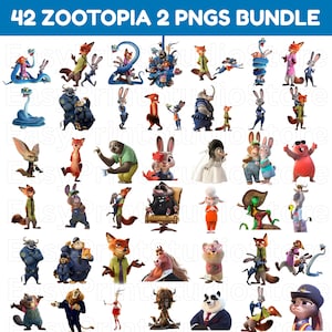 Puede incluir: Un paquete digital con 42 imágenes PNG de personajes de la película animada Zootrópolis. Las imágenes muestran varios animales en diferentes poses y atuendos, con el texto del título "42 ZOOTOPIA 2 PNGS BUNDLE" en la parte superior.
