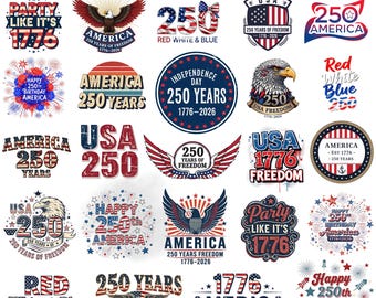 愛国的なアメリカ250周年PNGバンドル、1776-2026年アメリカ独立デザイン、We The Peopleクリップアート、7月4日Cricutファイル