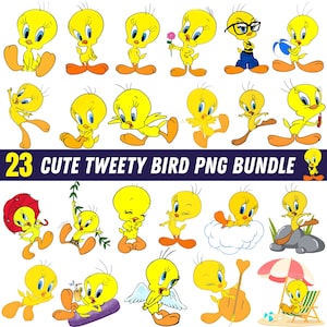 May include: A collection of 23 cartoon images of Tweety Bird in various poses. The yellow bird is depicted with different accessories and in different scenarios. The text "23 CUTE TWEETY BIRD PNG BUNDLE" is displayed in a banner.