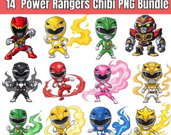 Power Rangers Chibi Clipart – 14 Superhero PNGs with Elemental Effects (Digital Download)