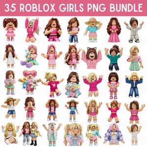 May include: A collection of 35 Roblox girl PNG images. The images feature various girl avatars in different outfits and poses. The girls have different hairstyles and skin tones, and some are holding accessories. The text "35 Roblox Girls PNG Bundle" is at the top.