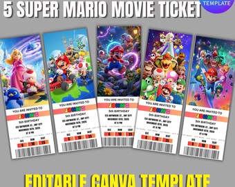 スーパーマリオ映画チケット招待状テンプレート、マリオ誕生日パーティーチケット招待状、編集可能なCanvaテンプレート、子供向けパーティー招待チケット