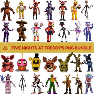 May include: A collection of colorful, cartoonish character figures from the Five Nights at Freddy's franchise. The characters are in various poses, some holding props like cupcakes and weapons. The image includes the text "FIVE NIGHTS AT FREDDY'S PNG BUNDLE".