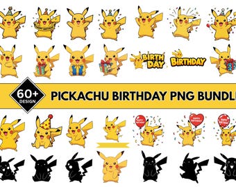 Pikachu Birthday PNG Bundle, Cartoon Party Designs (Transparent Background)