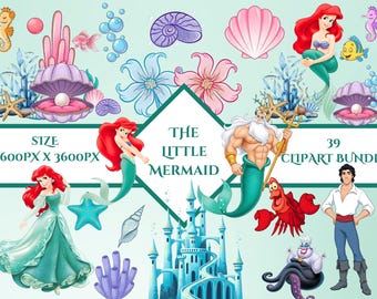 Little Mermaid Clipart Bundle, Ariel, Sebastian, Flounder (39 PNG)