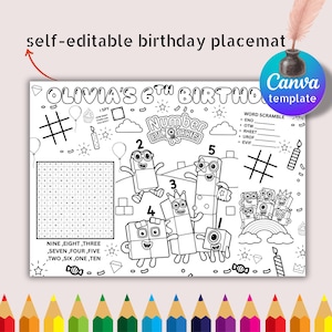 Number Blocks Birthday Activity Placemat – Kids Party Coloring Game (Canva Template)