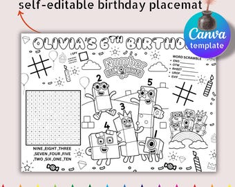 Number Blocks Birthday Activity Placemat – Fun Kids Party Coloring & Puzzle Worksheet, Printable Birthday Game with Canva Editable Template