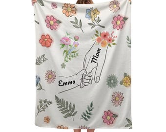 Manta personalizada con los nombres de mamá e hijos, regalo personalizado para el Día de la Madre, diseño de manos entrelazadas, regalo de la hija, manta familiar para la abuela.