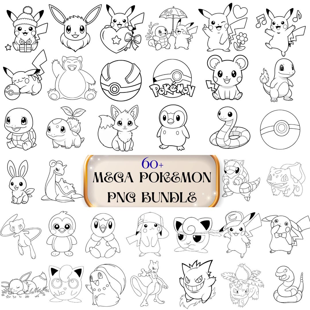 Line Formation Pokemon 60+ Pokemon Line Art PNG Bundle, Cute Black Outline Clipart, Chibi ...
