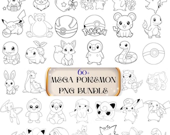 60+ Pokemon Line Art PNG Bundle, Cute Black Outline Clipart, Chibi Pokemon, Transparent Background Digital Download