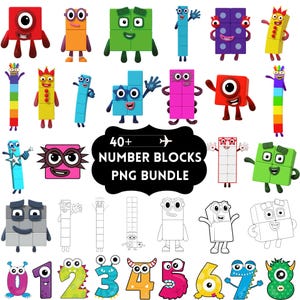 Könnte beinhalten: Eine Sammlung farbenfroher Zahlenblock-Charaktere und Zahlen. Das Bild enthält verschiedene Blockcharaktere in verschiedenen Farben und Designs sowie die Zahlen 0-8. Der Text "40+ NUMBER BLOCKS PNG BUNDLE" ist ebenfalls vorhanden.
