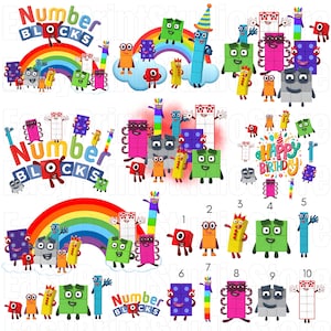 May include: An image featuring Numberblocks characters and logos. The image includes a rainbow, the words "Happy Birthday", and numbers 1 to 10. The characters are various colours and shapes, perfect for educational use.