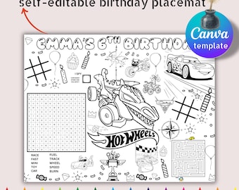 Hot Wheels Birthday Activity Placemat, Editable Coloring Games (Digital Download)