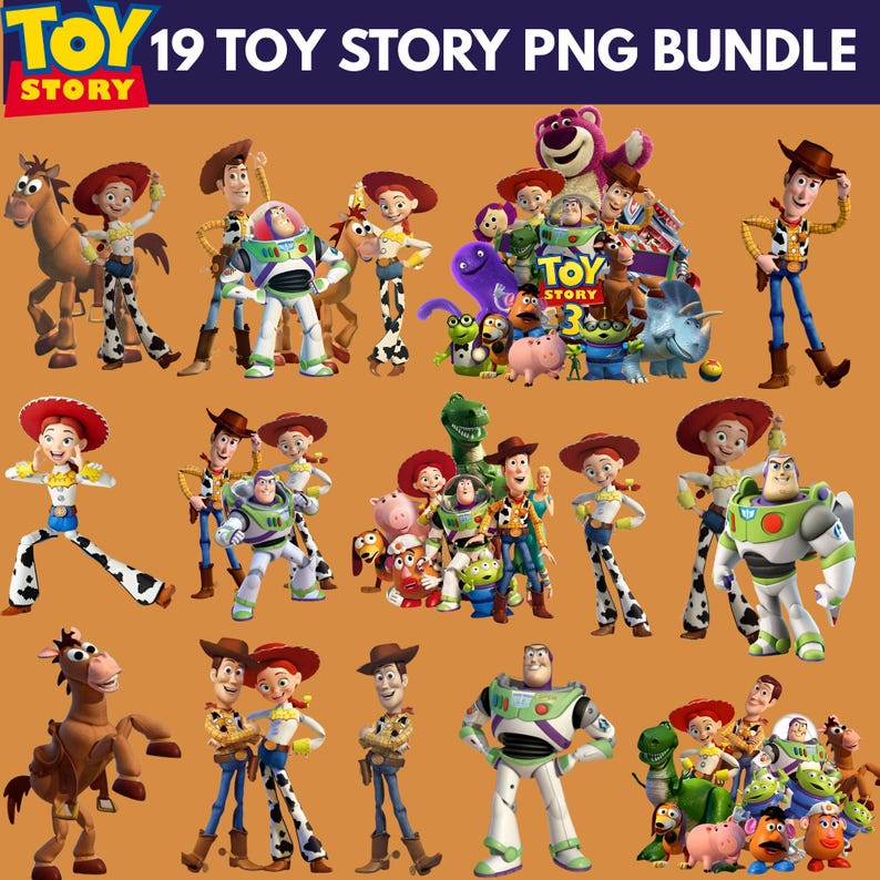 May include: A collection of 19 Toy Story PNG images featuring characters like Woody, Buzz Lightyear, Jessie, and others. The images are set against an orange background, with the Toy Story logo at the top.