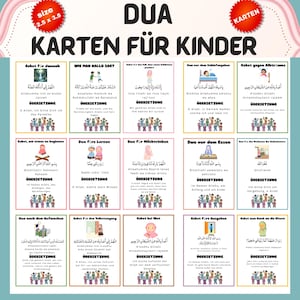Könnte beinhalten: Ein farbenfrohes Kartenset mit dem Titel "DUA KARTEN FÜR KINDER" mit Gebeten auf Arabisch und Deutsch. Jede Karte enthält Text und Illustrationen, mit einem roten Kreis, der die Größe von 6,35 x 8,89 cm angibt. Die Karten sind für Kinder.