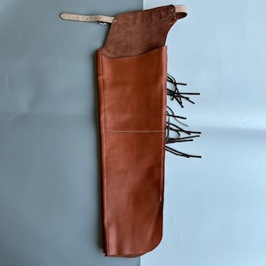 Cognac Brown Leather Chaps with Tooled-Style Panel, Zipper, and Lace Detail | Handcrafted in Sialkot | Made to Order