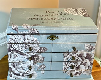 Romantic Roses Jewelry Box, Thomas Museum Quality, Blue, Hand Painted, Lots of Storage