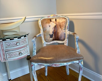 Miss Diamond, a Western Decorative Leather Chair with Horse Art Decoupage Back