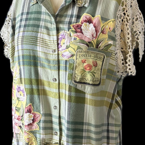 Up-Cycled Flannel Shirt to Ladies Floral Lace Flannel, Vintage Flare