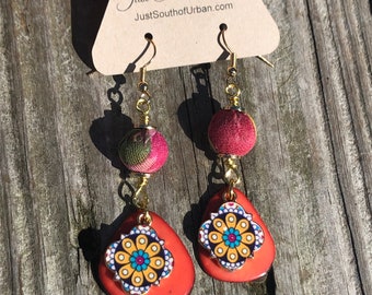 Tagua Nut, Bohemian Charm and Fabric from India Earrings