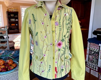 Up-Cycled, Re-Designed, Liz Claiborne, Lime Green Denim Jacket, Floral, Toole, Appliques, Applique, Size 6