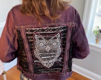 Up-cycled Owl Applique on Dyed Denim Jacket, Purple, Eggplant, St. John's Bay, Re-Designed