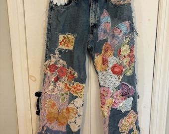 UpCycled, Levis Denizen Brand Art Jeans, Altered Boyfriend, Distressed, Floral, Butterflies, Lace, Applique, Appliques Size, 37 x 32