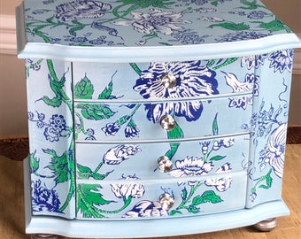 Indigo Floral Jewelry Box, Hand Painted, Shades of Blue, Green and White