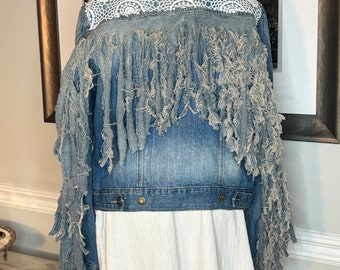 Hey Cowgirl, Up-Cycled Jean Jacket, Western, Lace, Blue Jeans and Bling, Size M/L