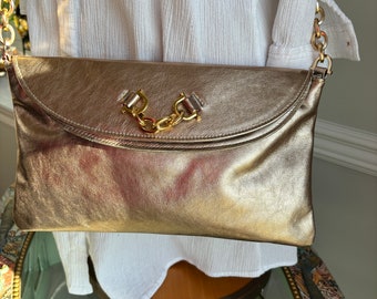 Bronze Purse/Clutch Leather Medium Bag with Lightweight Gold Chain, by Lebanon Leather Work, Made in USA