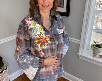 Up-cycled Flannel Shirt, Bohemian Florals, Embroidered Pocket, Size Large