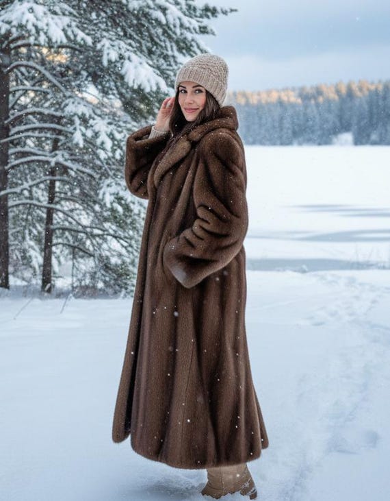 Women's Long Faux Fur Coat – Warm Brown Winter Jacket, Vintage