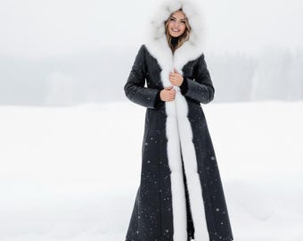Luxury Black Leather Coat – White Faux Fur Trim, Long Winter Jacket