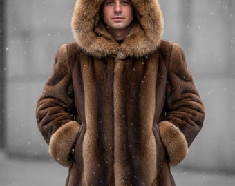 Luxury Brown Fur Hooded Jacket for Men – Winter Fashion Coat