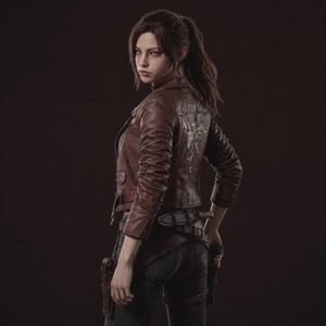 Könnte beinhalten: Eine dunkelbraune Motorradjacke aus Leder mit einer weißen Grafik auf der Rückseite, die den Schriftzug Let me live über einer geflügelten Figur zeigt. Die Jacke hat lange Ärmel, einen Kragen und einen Reißverschluss. Dazu eine dunkle Hose mit Holster.