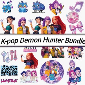 Paquete SVG de Cazadores de Demonios del Kpop, Cena de Chicas Png, Fans de Huntrix, Descarga Digital, Pegatinas de Chicas de Anime K-Pop, Chicos Saja, Bandas de Chicas Png,