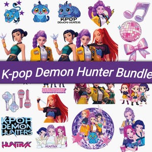 May include: A collection of K-pop Demon Hunter themed stickers and graphics. The image features illustrations of female characters, cats, musical notes, and disco balls. The text "K-pop Demon Hunter Bundle" is displayed prominently.
