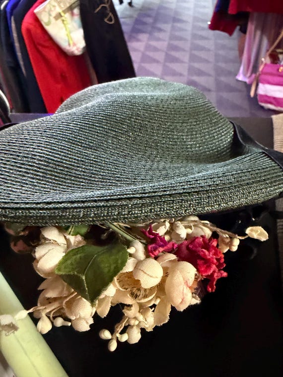 Vintage velvet millinery hat with floral decorations