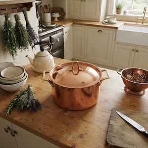 May include: A large, round copper pot with a matching lid and brass handles sits on a wooden countertop. Nearby are a white kettle, a stack of ceramic bowls, a copper colander, a wooden cutting board with a knife, and bundles of fresh herbs.