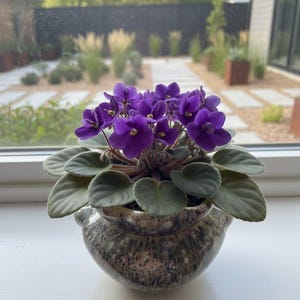 May include: A potted African violet plant with vibrant purple flowers and green leaves. The plant sits in a decorative ceramic pot with a speckled gray and brown pattern. The plant is on a white windowsill.