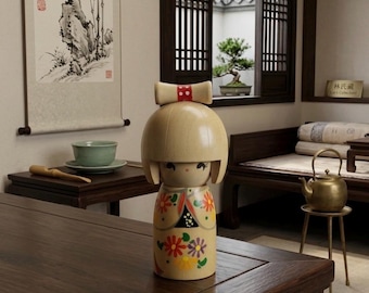 May include: A wooden Kokeshi doll with a smooth, light-colored rounded head and a cylindrical body. The doll features a painted red and white polka-dot hair accessory, black eyes, and a colorful floral pattern with orange, yellow, and purple flowers.