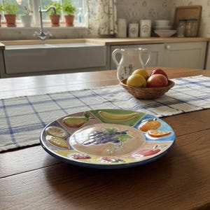 May include: A colorful ceramic plate with fruit designs, including grapes, oranges, lemons, and a banana. The plate has a blue rim and is set on a wooden table. A basket of fruit and a pitcher are in the background.