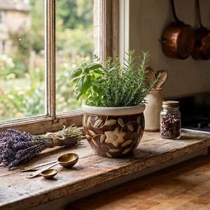 Small Vintage Pottery Flower Pot with Deep Brown Glaze and Flower and Leaf Detail.