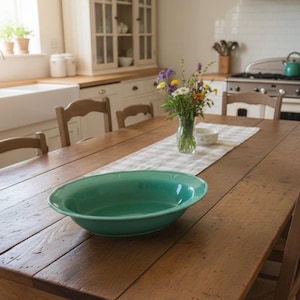 May include: A teal-colored serving bowl sits on a rustic wooden table. The bowl is oval-shaped with a slightly raised rim. A vase of flowers and a white table runner are also on the table. The kitchen has a cabinet and a window.